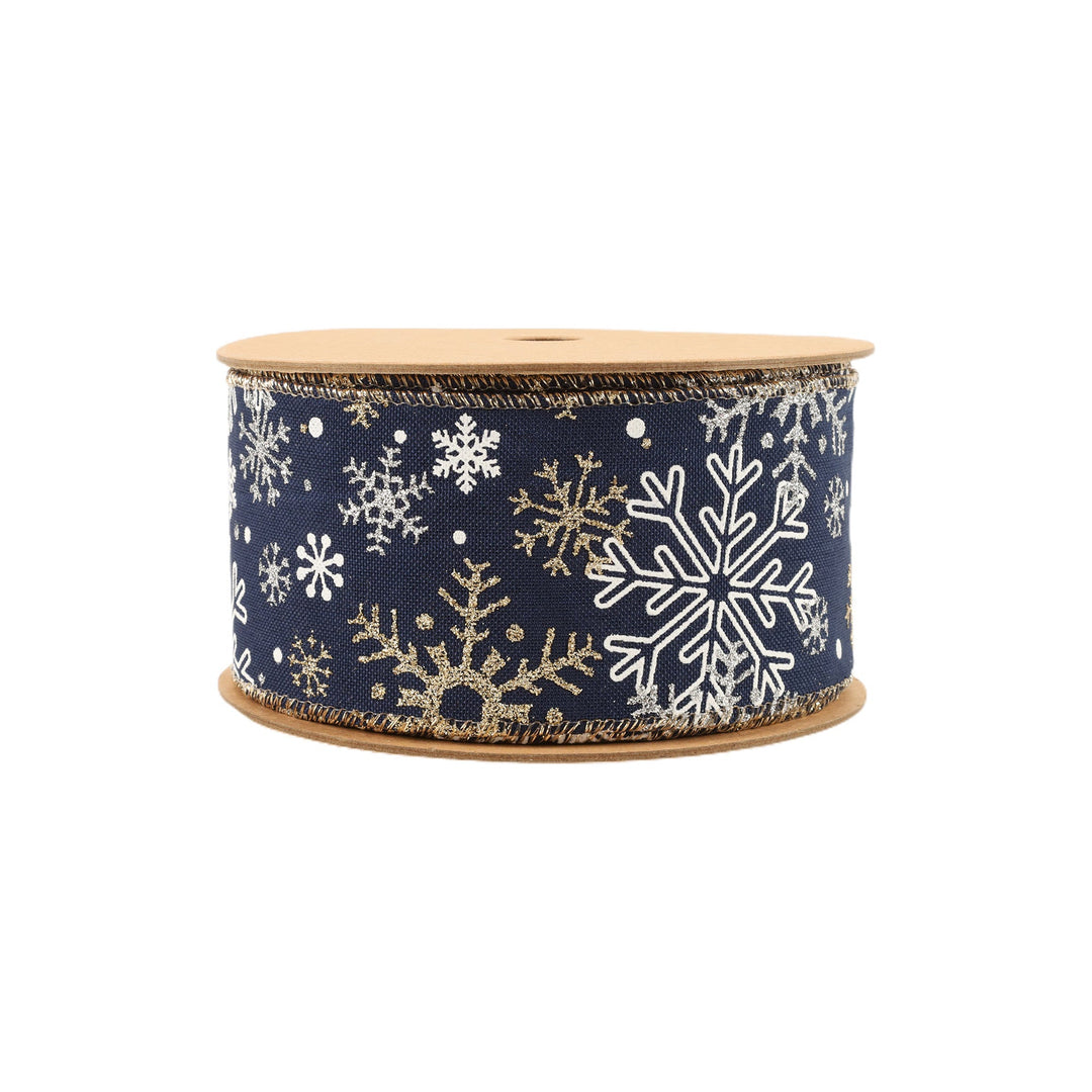 2 1/2" Faux Linen Wired Ribbon | Blue w/ Silver Glitter and Print White Snowflake | 10 Yard Roll LaRibbons and Crafts