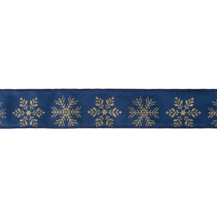 2 1/2" Faux Linen Wired Ribbon | Blue w/ Gold Stamping Snowflakes | 10 Yard Roll LaRibbons and Crafts