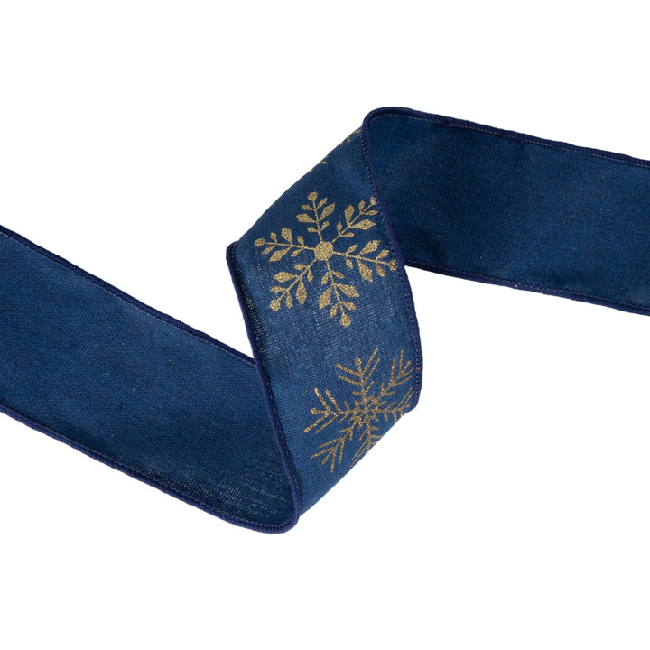 2 1/2" Faux Linen Wired Ribbon | Blue w/ Gold Stamping Snowflakes | 10 Yard Roll LaRibbons and Crafts