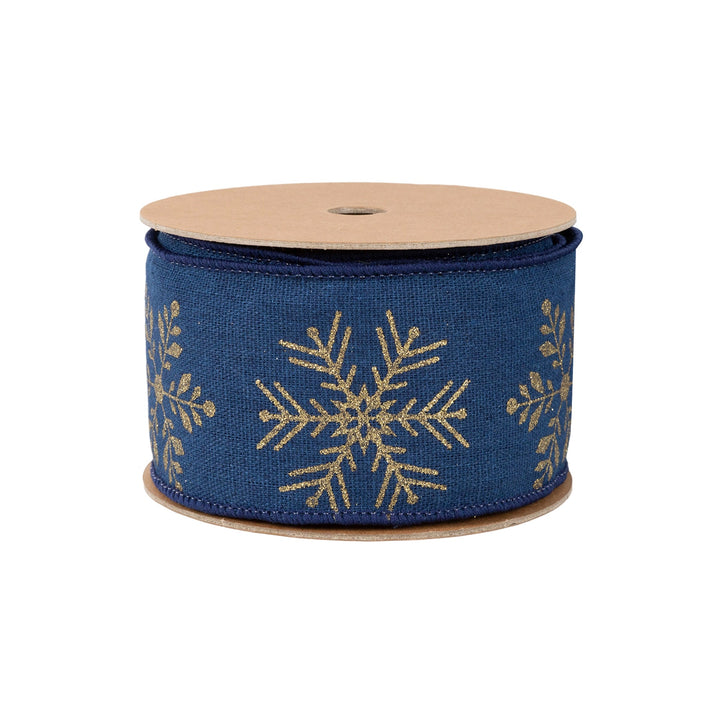 2 1/2" Faux Linen Wired Ribbon | Blue w/ Gold Stamping Snowflakes | 10 Yard Roll LaRibbons and Crafts