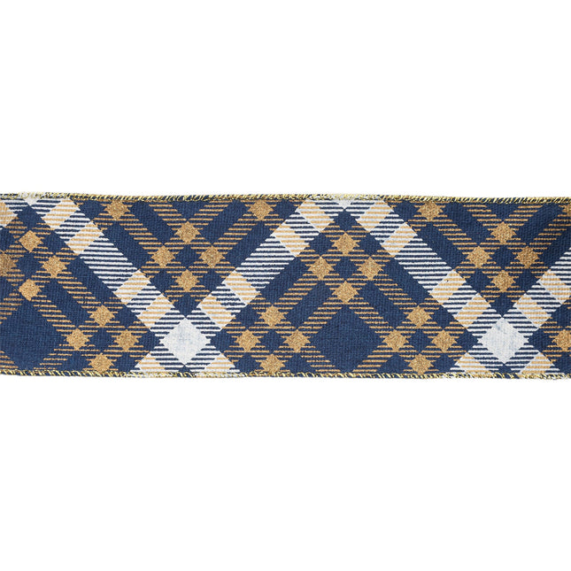 2 1/2" Faux Linen Wired Ribbon | Blue w/ Gold Stamping and White Printing Diamond Check Pattern | 10 Yard Roll LaRibbons and Crafts
