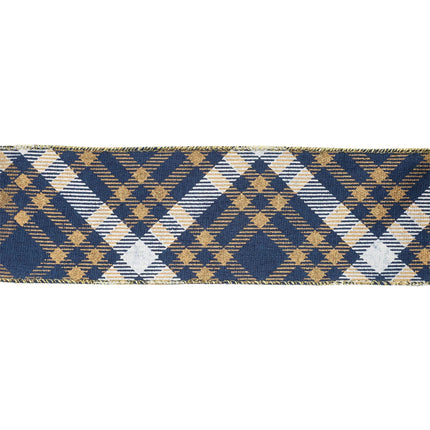 Blue plaid craft ribbon featuring a mix of gold, white, and beige checks with gold stitched borders.
