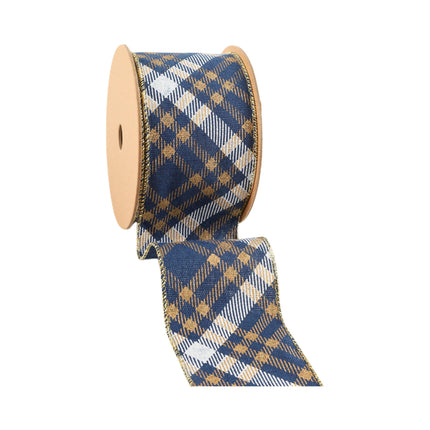 2 1/2" Faux Linen Wired Ribbon | Blue w/ Gold Stamping and White Printing Diamond Check Pattern | 10 Yard Roll LaRibbons and Crafts