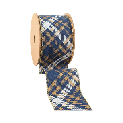 A roll of blue plaid ribbon with gold, white, and beige designs, edged with gold stitching, great for rustic accents.