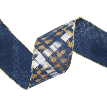 Blue festive ribbon, adorned with gold, white, and beige plaid patterns and gold stitched edges.