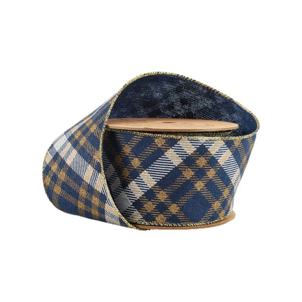 A spool of blue plaid ribbon with gold, white, and beige patterns, perfect for Christmas decor.