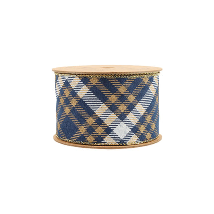 A spool of blue ribbon with gold, white, and beige plaid embroidery, edged with gold stitching.