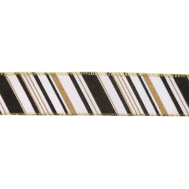 1 1/2" Faux Linen Wired Ribbon | w/ Black & White & Gold Stamping Twill Stripe | 10 Yard Roll LaRibbons and Crafts