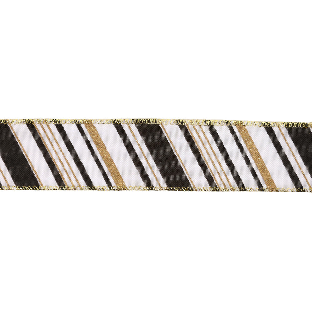 1 1/2" Faux Linen Wired Ribbon | w/ Black & White & Gold Stamping Twill Stripe | 10 Yard Roll LaRibbons and Crafts