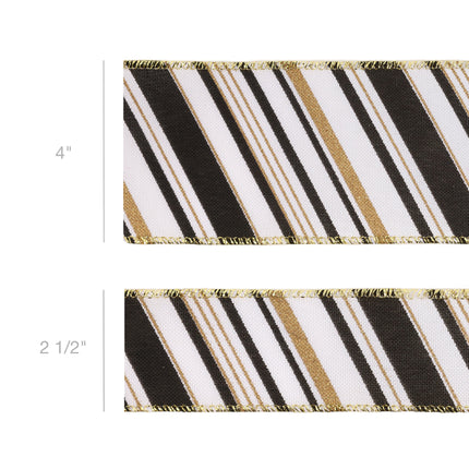 1 1/2" Faux Linen Wired Ribbon | w/ Black & White & Gold Stamping Twill Stripe | 10 Yard Roll LaRibbons and Crafts