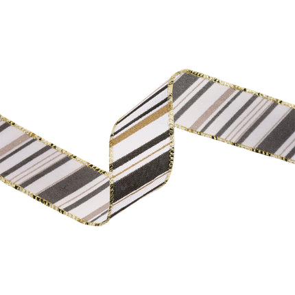 1 1/2" Faux Linen Wired Ribbon | w/ Black & White & Gold Stamping Twill Stripe | 10 Yard Roll LaRibbons and Crafts