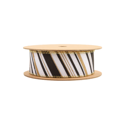 1 1/2" Faux Linen Wired Ribbon | w/ Black & White & Gold Stamping Twill Stripe | 10 Yard Roll LaRibbons and Crafts