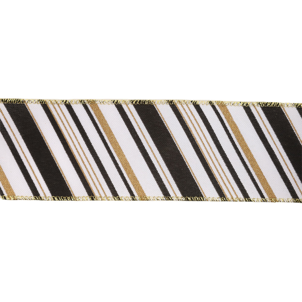 2 1/2" Faux Linen Wired Ribbon | w/ Black & White & Gold Stamping Twill Stripe | 10 Yard Roll LaRibbons and Crafts