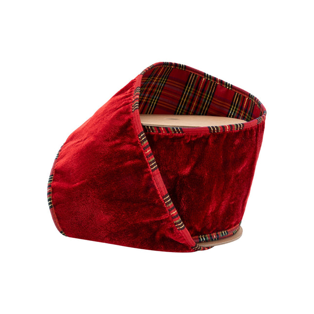 4" Wired Plush Velvet Ribbon | Red w/ Red/Black/Gold Plaid Cording and Backing | 10 Yard Roll LaRibbons Wholesale