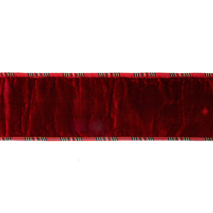 4" Wired Plush Velvet Ribbon | Red w/ Red/Black/Gold Plaid Cording and Backing | 10 Yard Roll LaRibbons Wholesale