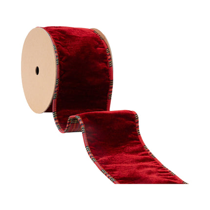 4" Wired Plush Velvet Ribbon | Red w/ Red/Black/Gold Plaid Cording and Backing | 10 Yard Roll LaRibbons Wholesale
