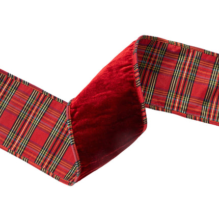 4" Wired Plush Velvet Ribbon | Red w/ Red/Black/Gold Plaid Cording and Backing | 10 Yard Roll LaRibbons Wholesale