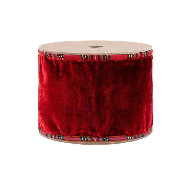 4" Wired Plush Velvet Ribbon | Red w/ Red/Black/Gold Plaid Cording and Backing | 10 Yard Roll LaRibbons Wholesale