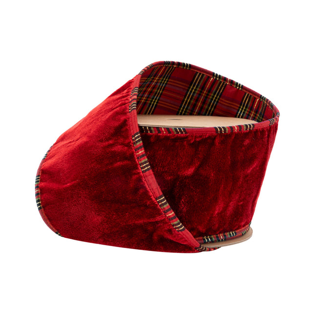 4" Wired Plush Velvet Ribbon | Red w/ Red/Black/Gold Plaid Cording and Backing | 10 Yard Roll