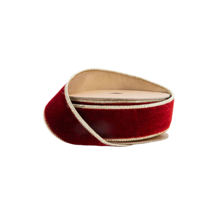 1 1/2" Wired Premium Velvet Ribbon | Red w/ Gold Metallic Backing | 10 Yard Roll