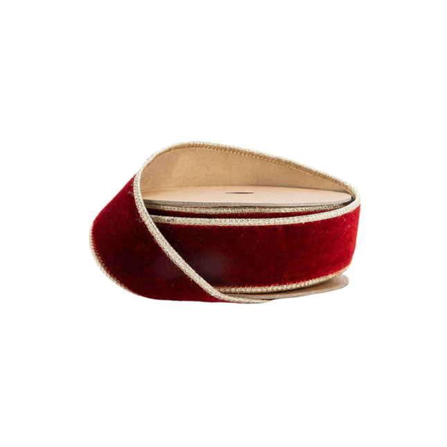 1 1/2" Wired Premium Velvet Ribbon | Red w/ Gold Metallic Backing | 10 Yard Roll