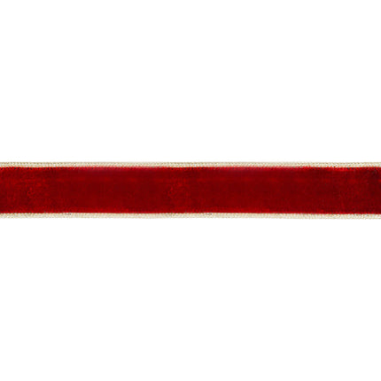 Red velvet wired ribbon with gold trim, perfect for adding a touch of opulence to holiday decorations and DIY crafts.