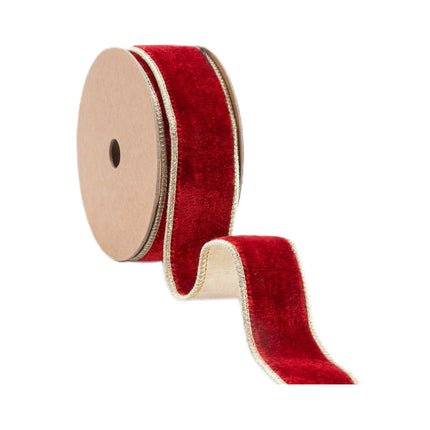 A roll of festive red velvet ribbon featuring gold metallic edging, great for creating upscale Christmas accents and decorative crafts.
