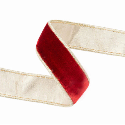 A red velvet ribbon eatures a rich velvet finish and a dazzling gold metallic backing, ideal for elevating Christmas decorations.