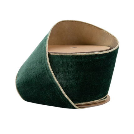 4" Wired Premium Velvet Ribbon | Dark Green w/ Gold Metallic Backing | 10 Yard Roll