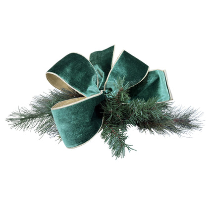 Deep Green Wired Velvet Ribbon Bow on Pine, Gold Edges, Festive Christmas Decor