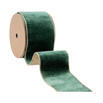 4" Wired Premium Velvet Ribbon | Dark Green w/ Gold Metallic Backing | 10 Yard Roll LaRibbons and Crafts
