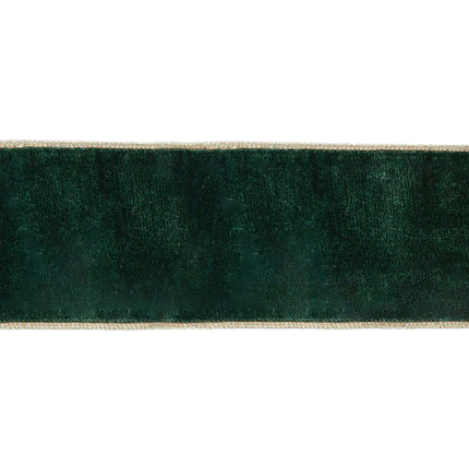 Deep Green Wired Velvet Ribbon Closeup, Gold Metallic Edges, Smooth Velvet Finish