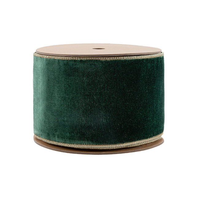 4" Wired Premium Velvet Ribbon | Dark Green w/ Gold Metallic Backing | 10 Yard Roll LaRibbons and Crafts