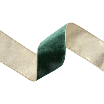 Wired Dark Green Velvet Ribbon, Gold Metallic Backing, Curled Style, Dual-Tone Elegance.