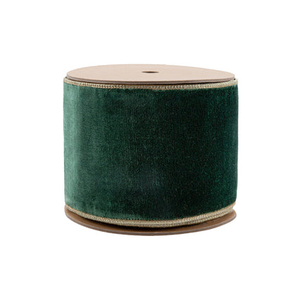 Deep Green Wired Velvet Ribbon Spool, Gold Metallic Edges, Elegant Craft Supply