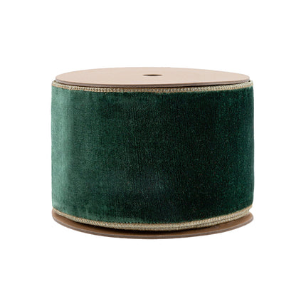  Wired Dark Green Premium Velvet Ribbon Roll, Gold Trim.