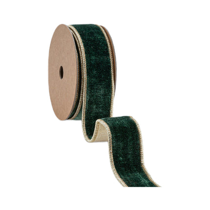  Roll of dark green premium velvet ribbon, gold metallic backing/edge. Elegant design.
