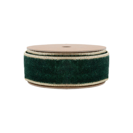 Roll of dark green premium velvet ribbon, gold metallic edge. Sophisticated texture.