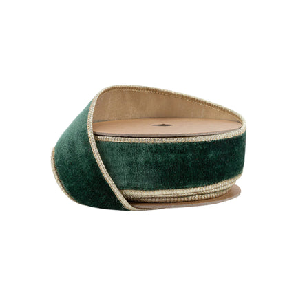 1 1/2" Roll of dark green premium velvet ribbon, gold metallic backing & edge. Luxe texture.