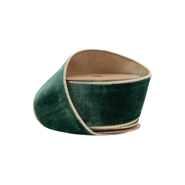 2 1/2" Wired Premium Velvet Ribbon | Dark Green w/ Gold Metallic Backing | 10 Yard Roll