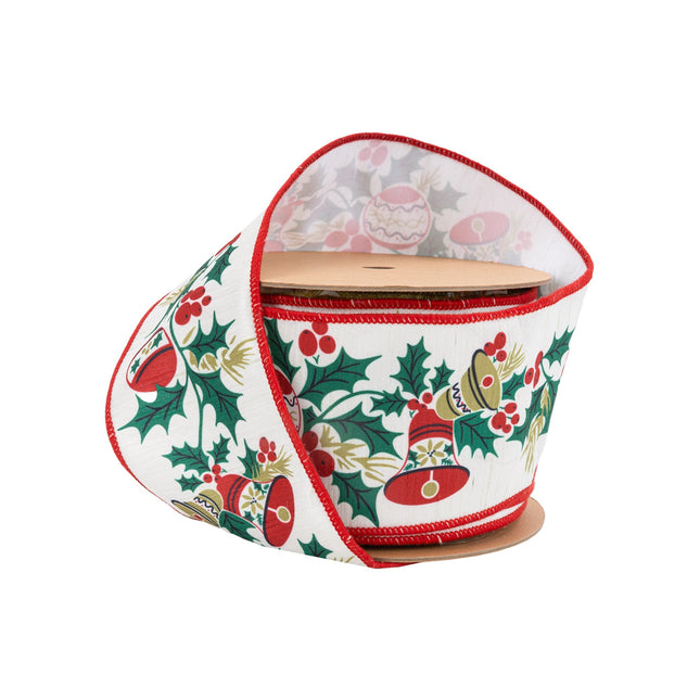 4" Wired Ribbon | Vintage Holly and Bells on Off-White | 10 Yard Roll LaRibbons Wholesale