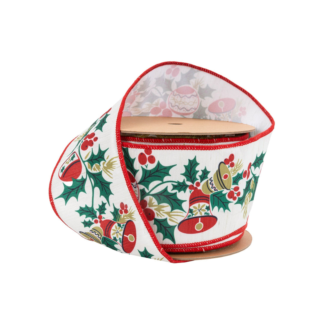 4" Wired Ribbon | Vintage Holly and Bells on Off-White | 10 Yard Roll LaRibbons Wholesale