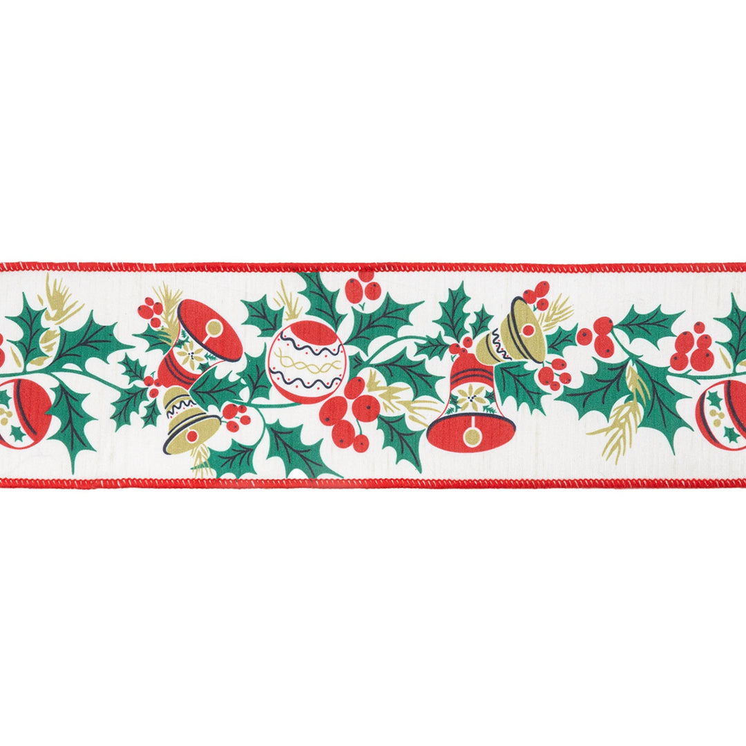 4" Wired Ribbon | Vintage Holly and Bells on Off-White | 10 Yard Roll LaRibbons Wholesale