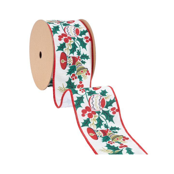 4" Wired Ribbon | Vintage Holly and Bells on Off-White | 10 Yard Roll LaRibbons Wholesale