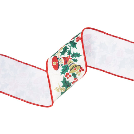 4" Wired Ribbon | Vintage Holly and Bells on Off-White | 10 Yard Roll LaRibbons Wholesale