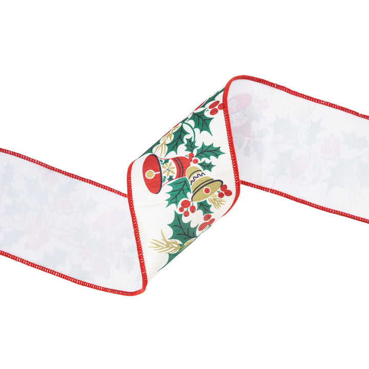 4" Wired Ribbon | Vintage Holly and Bells on Off-White | 10 Yard Roll LaRibbons Wholesale