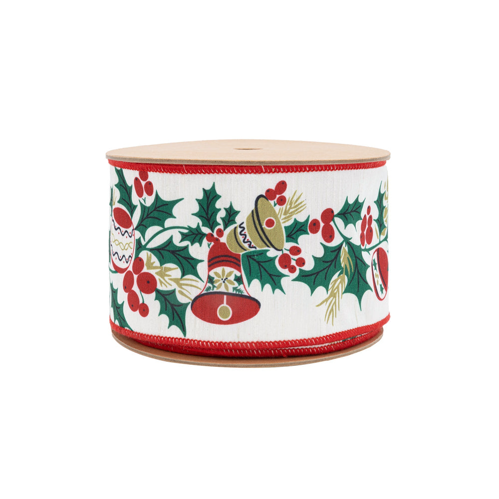 4" Wired Ribbon | Vintage Holly and Bells on Off-White | 10 Yard Roll LaRibbons Wholesale