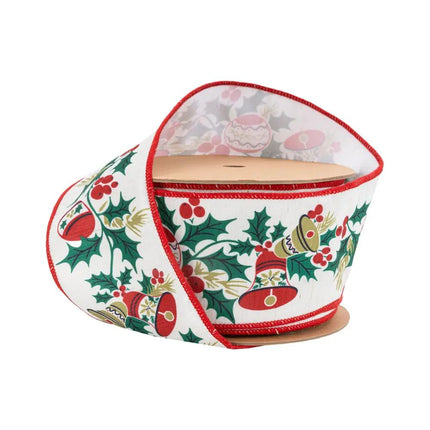 4" Wired Ribbon | Vintage Holly and Bells on Off-White | 10 Yard Roll LaRibbons Wholesale