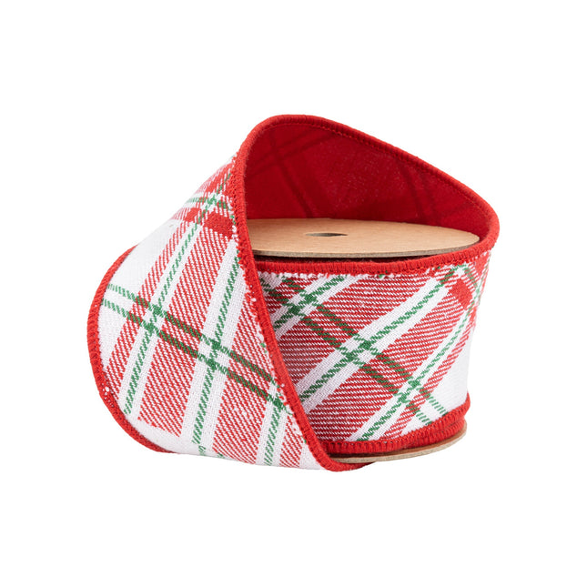 2 1/2" Wired Ribbon | Varsity Plaid White/Red w/ Red Dupioni-fused Backing | 10 Yard Roll LaRibbons Wholesale