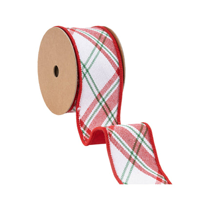 2 1/2" Wired Ribbon | Varsity Plaid White/Red w/ Red Dupioni-fused Backing | 10 Yard Roll LaRibbons Wholesale
